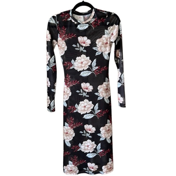 Retro Y2K Bodycon Sheet Mesh Dark Romantic Floral Midi Dress XS - Picture 1 of 6